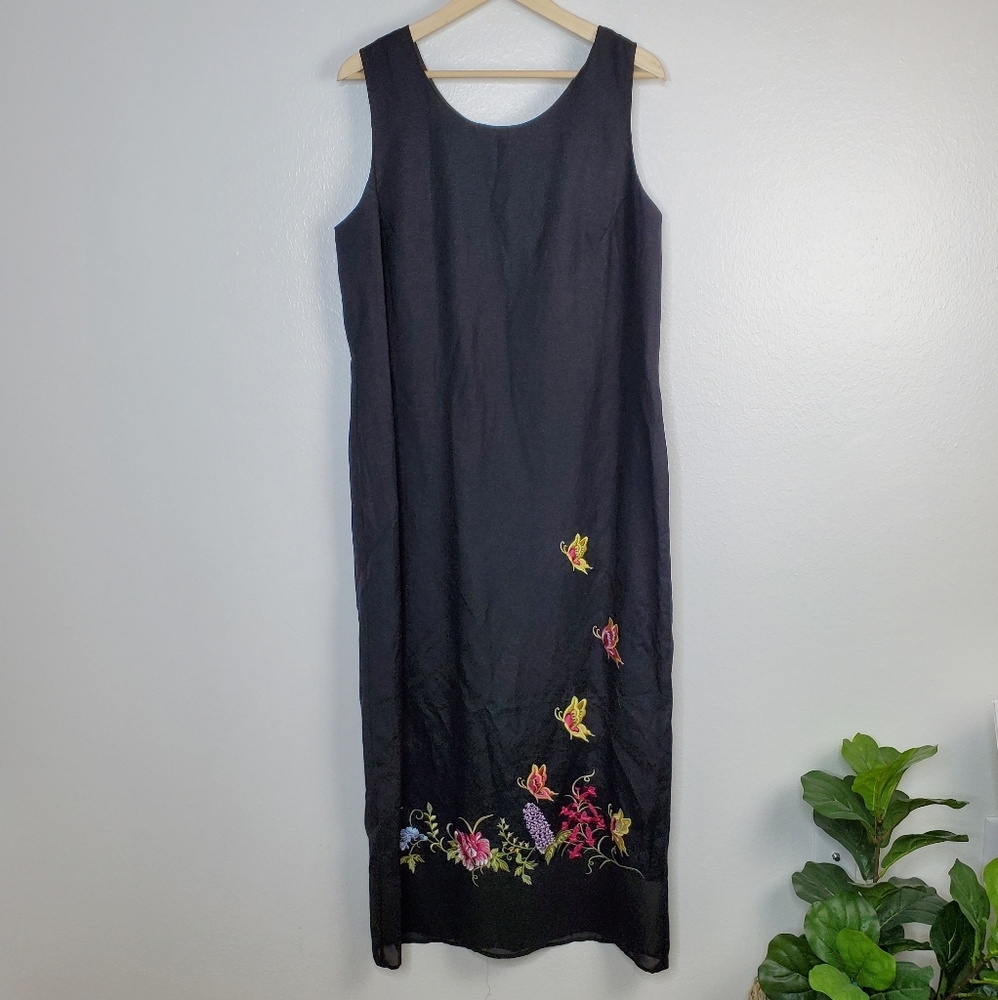 Vintage Plaza South black embroidered butterfly tank dress linen blend 16